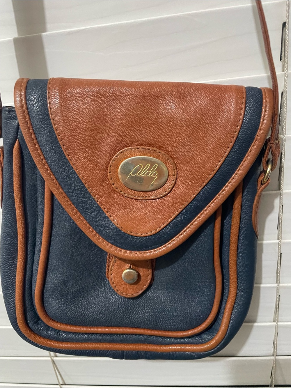 Aldo Navy and Brown Leatherette Crossbody with Gold Accent